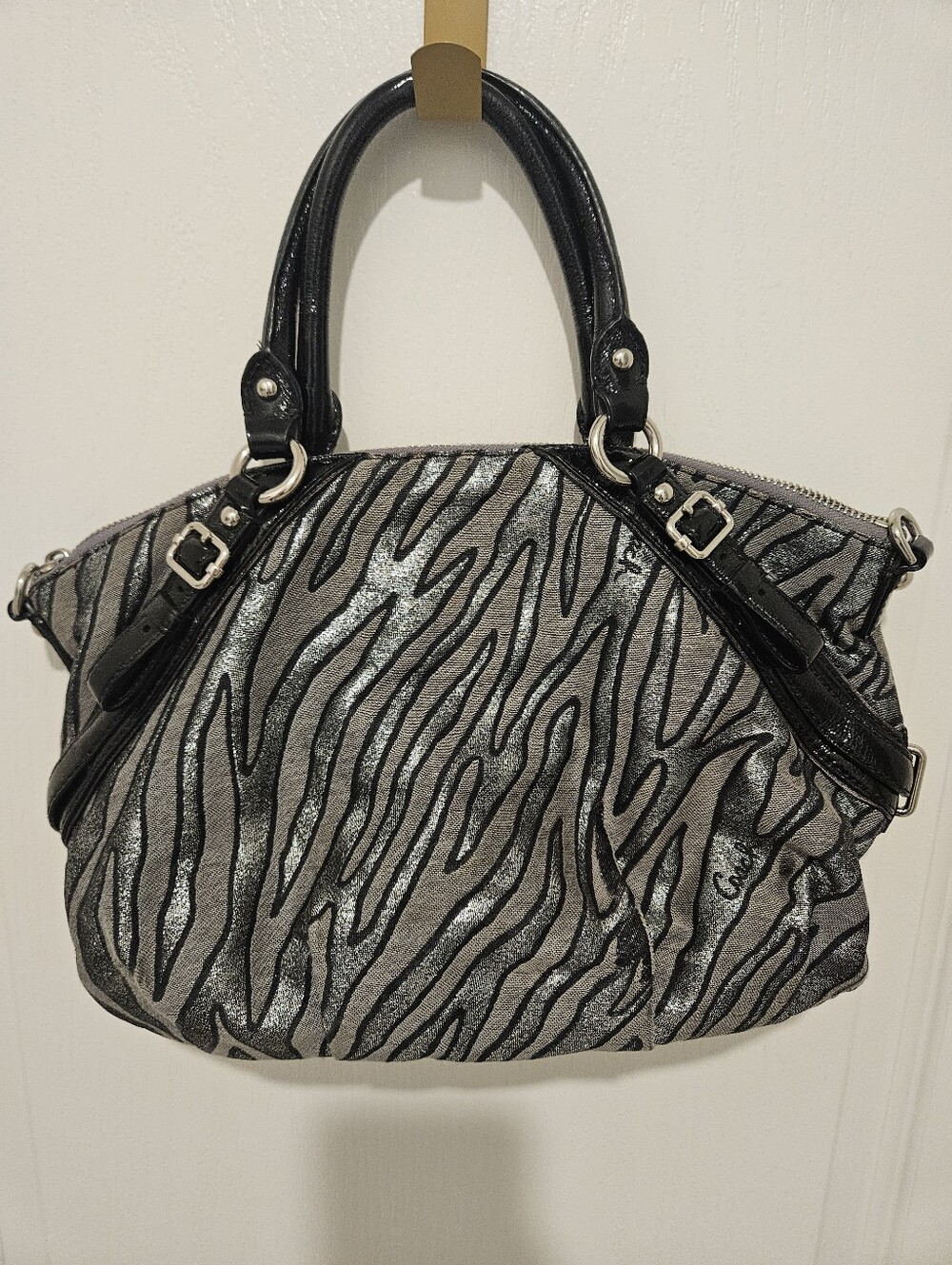 Coach Metallic Zebra-Print Shoulder Bag in Silver & Black - Picture 2 of 12